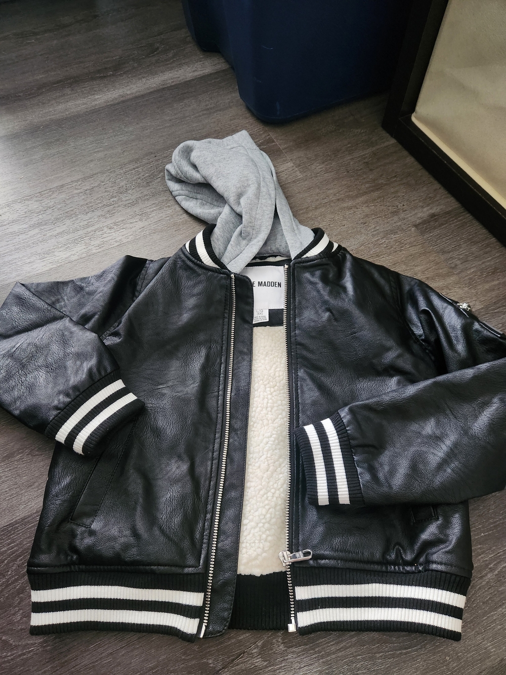 Kids Black Faux Leather Bomber Jacket with Gray Hooded Lining Boys 6x